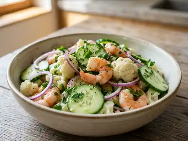 Salade fraîcheur de concombre, chou-fleur et crevettes à la Roscoff - Photo de présentation