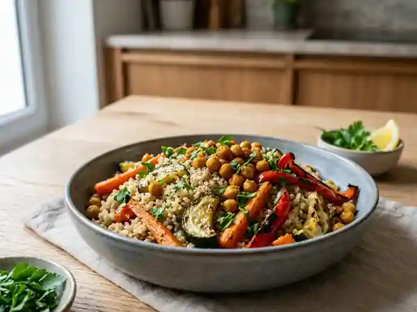 Salade fraîcheur de quinoa aux légumes rôtis et pois chiches croquants - Photo de présentation