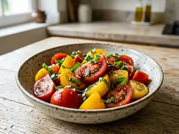 Salade fraîcheur de tomates bicolores aux herbes - Photo de présentation