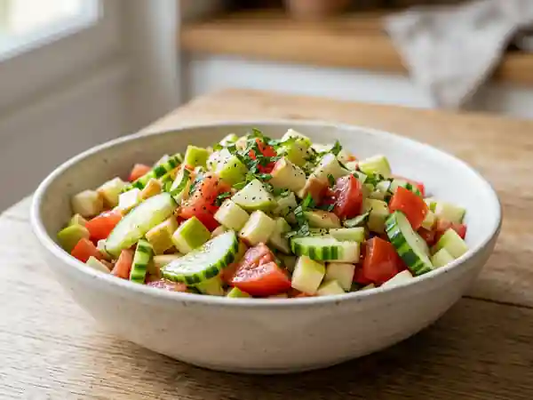 Salade fraîcheur trois couleurs : pomme, tomate et concombre - Photo de présentation