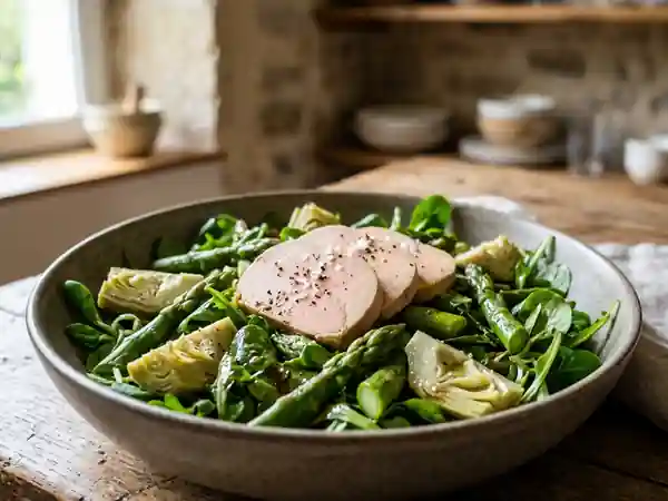 Salade gourmande artichaut, asperge et foie gras - Photo de présentation