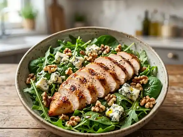 Salade poulet doré, gorgonzola crémeux et noix - Photo de présentation