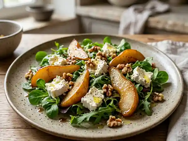 Salade gourmande de chèvre frais aux poires caramélisées - Photo de présentation