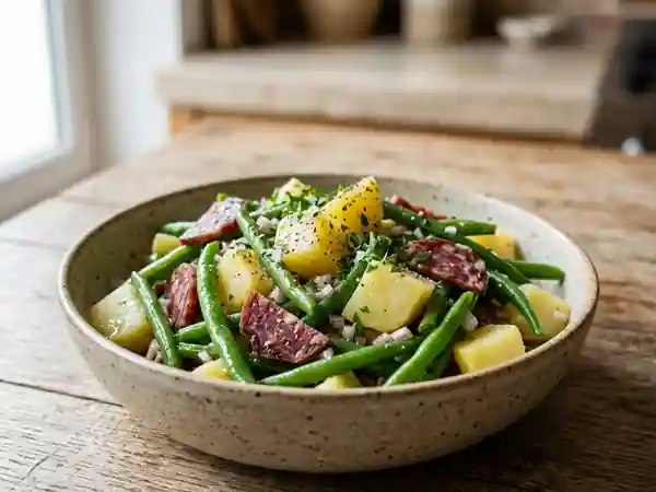 Salade gourmande de haricots verts et pommes de terre au saucisson sec - Photo de présentation