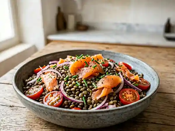 Salade de lentilles au saumon et oignon rouge - Photo de présentation