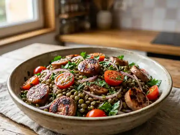 Salade gourmande de lentilles vertes aux saucisses grillées - Photo de présentation