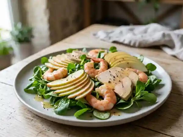 Mâche gourmande au foie gras et crevettes - Photo de présentation