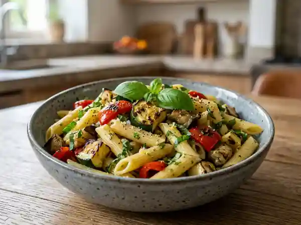 Salade gourmande de pâtes aux légumes grillés et vinaigrette au basilic - Photo de présentation