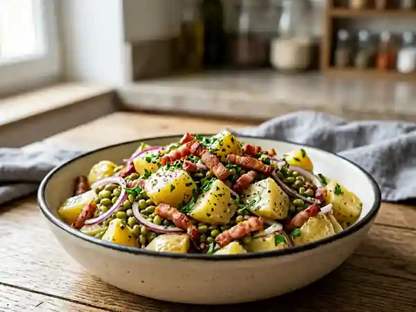 Salade gourmande de pommes de terre, lardons croustillants et soja - Photo de présentation