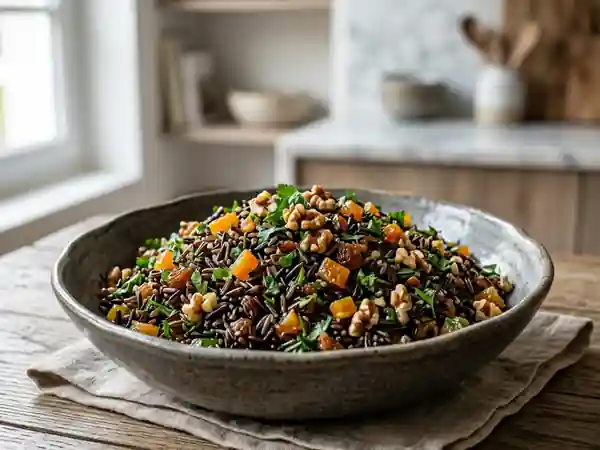 Salade gourmande de riz sauvage aux fruits secs et herbes fraîches - Photo de présentation