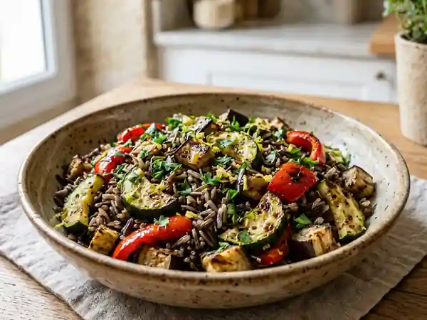 Salade gourmande de riz sauvage aux légumes grillés et citron frais - Photo de présentation
