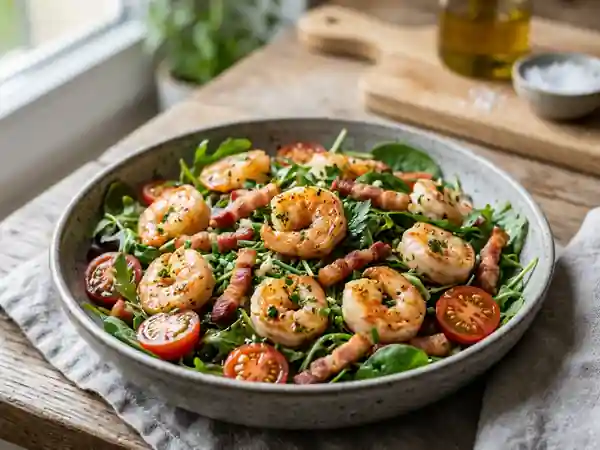 Salade tiède scampis et lardons croustillants - Photo de présentation
