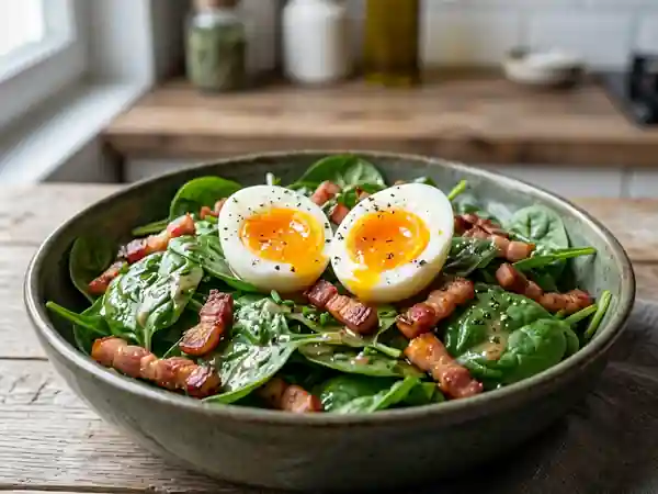 Épinards frais, œufs mollets et lardons fumés - Photo de présentation