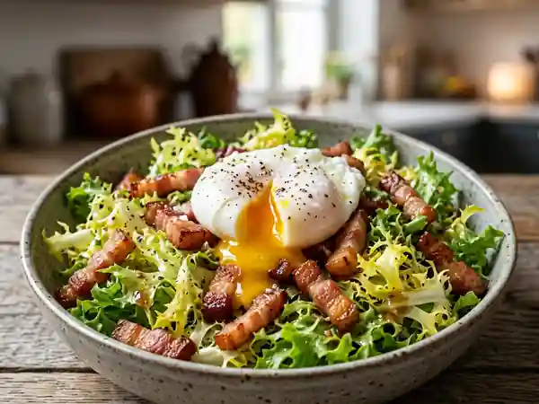 Salade lyonnaise traditionnelle de frisée aux lardons croustillants - Photo de présentation