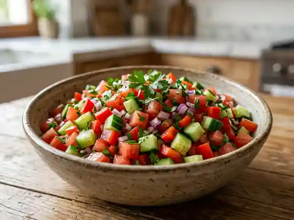 Salade marocaine fraîche aux légumes croquants et herbes parfumées - Photo de présentation