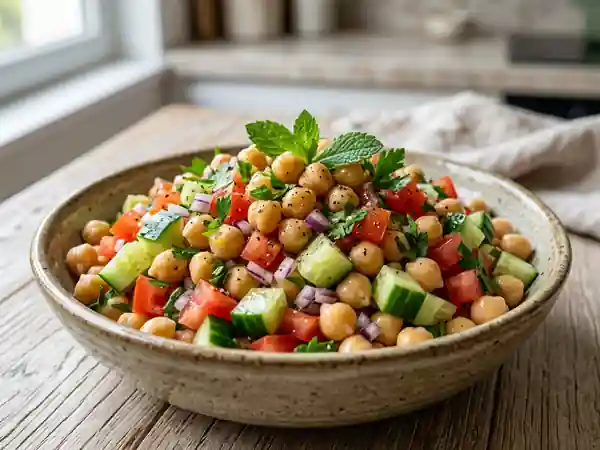 Salade orientale fraîche de pois chiches aux saveurs méditerranéennes - Photo de présentation