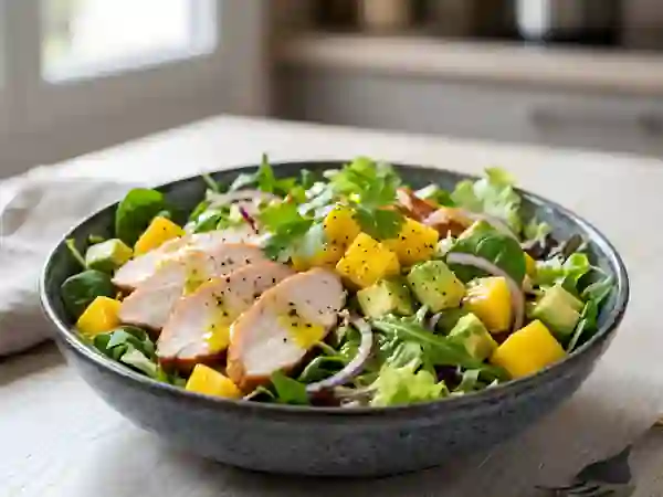 Salade poulet fumé, mangue et avocat fondant - Photo de présentation