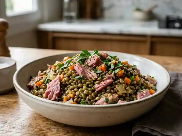 Salade tiède de lentilles vertes au jambonneau fondant - Photo de présentation