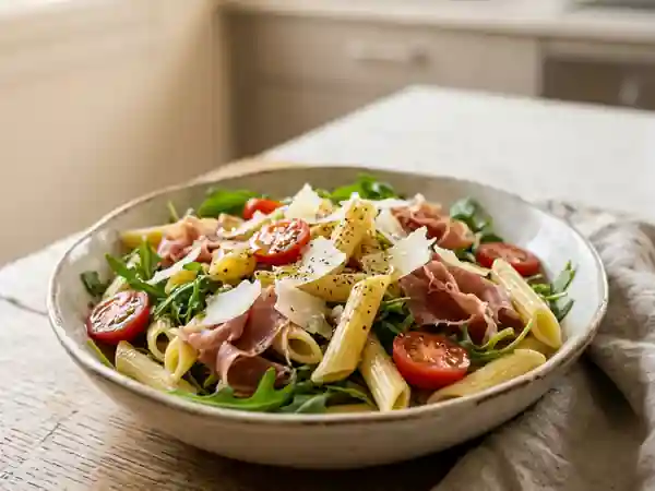 Penne tièdes au jambon de Parme et parmesan - Photo de présentation