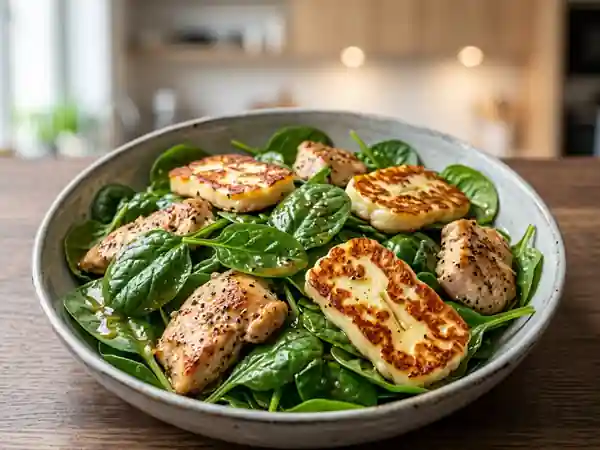 Salade tiède d'épinards au poulet grillé et fromage halloumi - Photo de présentation
