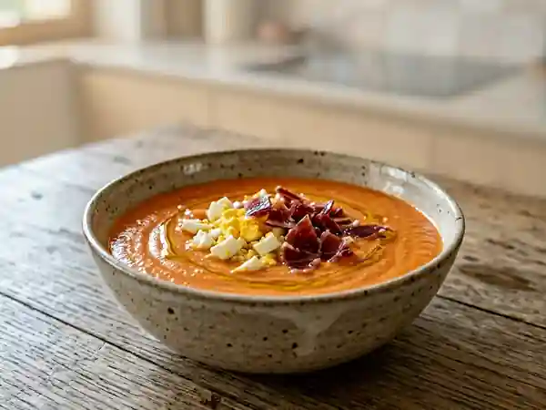 Salmorejo andalou express : soupe froide de tomates crémeuse et savoureuse - Photo de présentation