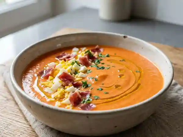Salmorejo andalou traditionnel de Cordoue : soupe froide onctueuse à la tomate - Photo de présentation