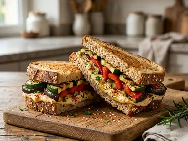Sandwich complet gourmand au houmous et légumes grillés - Photo de présentation
