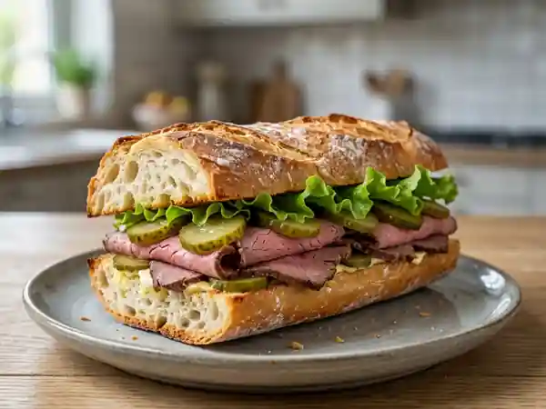 Sandwich bœuf rôti, beurre fondu et cornichons - Photo de présentation