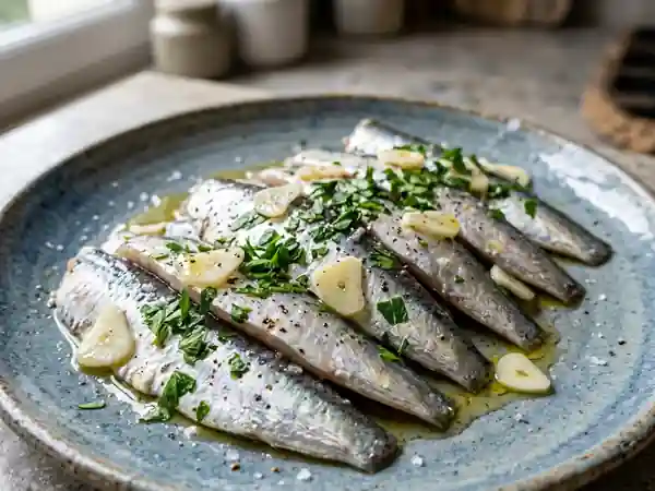 Sardines crues marinées à l'huile d'olive et à l'ail : recette fraîche et savoureuse - Photo de présentation
