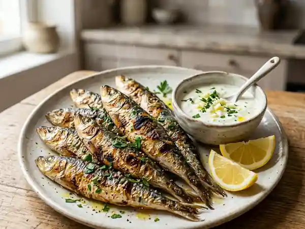 Sardines grillées accompagnées de leur sauce au yaourt frais - Photo de présentation