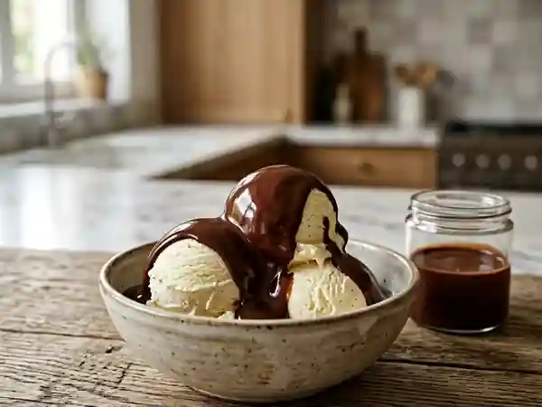 Sauce au chocolat onctueuse et fluide pour glaces, qui ne durcit pas - Photo de présentation