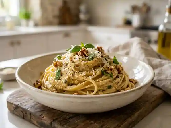 Sauce crémeuse à la ricotta et pesto sicilien aux noix - Photo de présentation