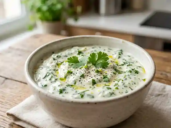 Sauce fraîche au fromage blanc et coriandre pour accompagner vos plats - Photo de présentation