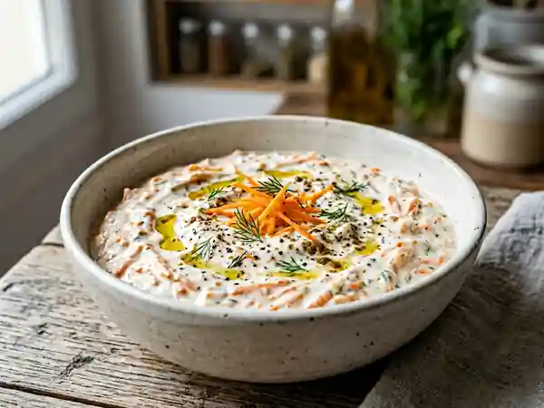 Sauce fraîche au yaourt et carotte râpée, parfaite pour vos salades et apéritifs - Photo de présentation