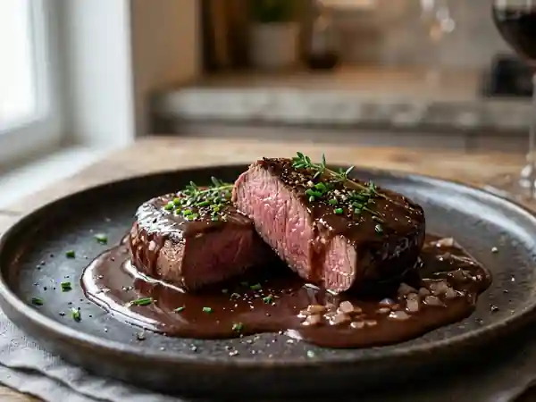 Sauce gourmande au cacao pour pavés d'autruche - Photo de présentation