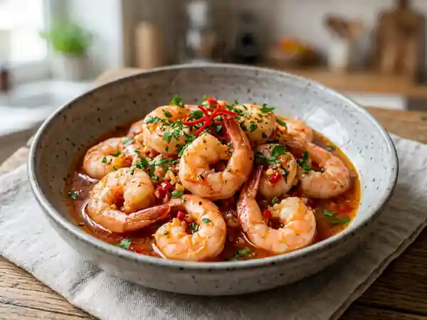Crevettes sautées ail et piment oiseau - Photo de présentation