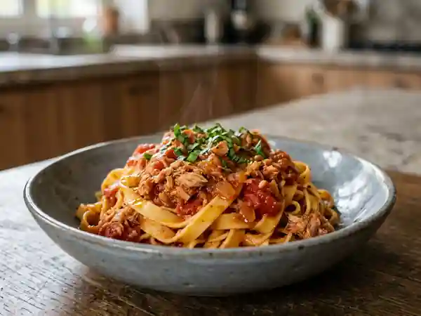 Sauce savoureuse au thon et à la tomate pour pâtes - Photo de présentation