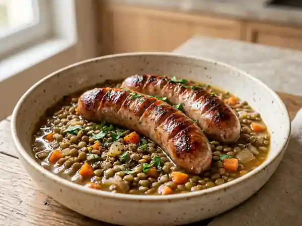 Lentilles fondantes aux saucisses grillées - Photo de présentation