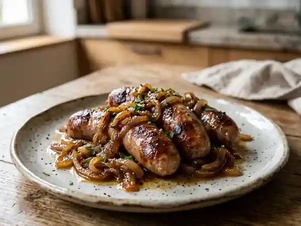 Saucisses dorées aux oignons caramélisés - Photo de présentation