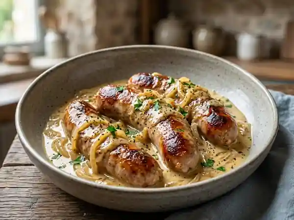 Saucisses braisées au vin blanc et moutarde - Photo de présentation
