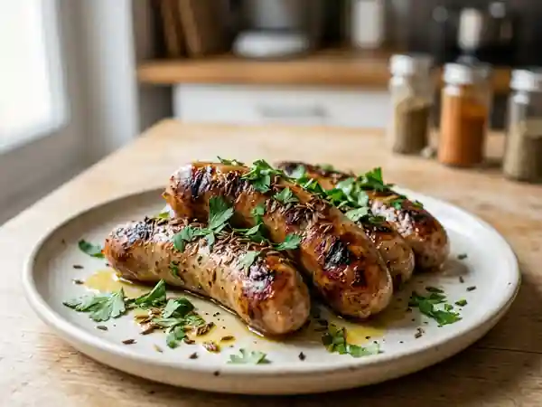 Saucisses dorées au cumin et herbes fraîches - Photo de présentation