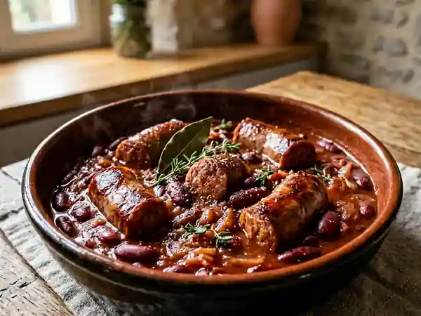 Saucisses mijotées au vin rouge et haricots rouges savoureux - Photo de présentation