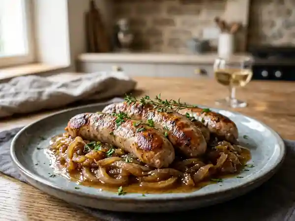 Saucisses fondantes aux oignons caramélisés - Photo de présentation
