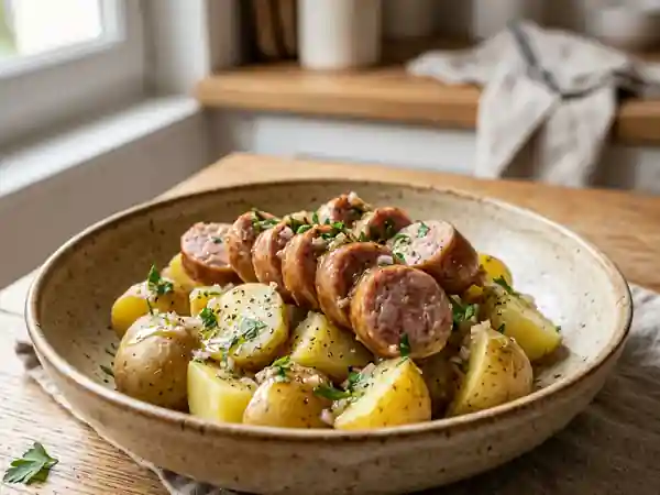Saucisson chaud et pommes de terre fondantes - Photo de présentation