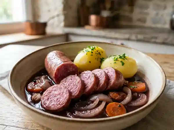 Saucisson Poché à la Bourguignonne : Recette Traditionnelle et Savoureuse - Photo de présentation