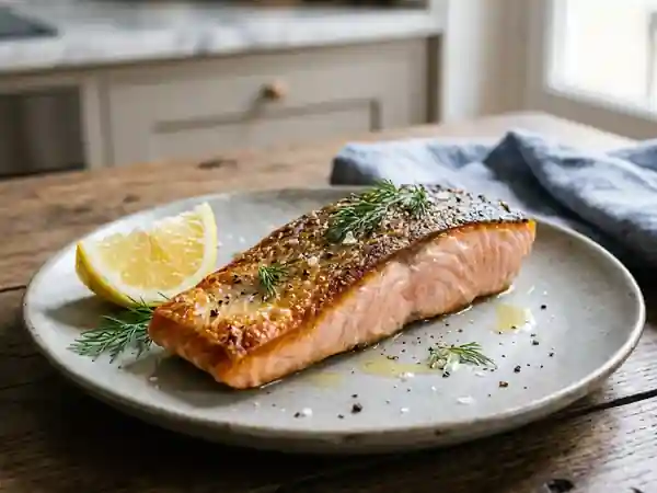 Saumon à l'unilatérale, peau craquante et dorée - Photo de présentation