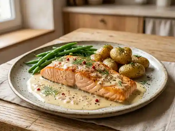 Saumon au four délicatement nappé de sauce au champagne - Photo de présentation