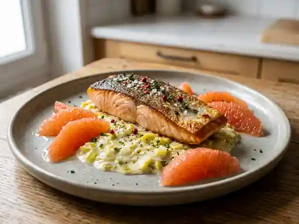 Saumon croustillant au pamplemousse et fondue de poireaux onctueuse - Photo de présentation
