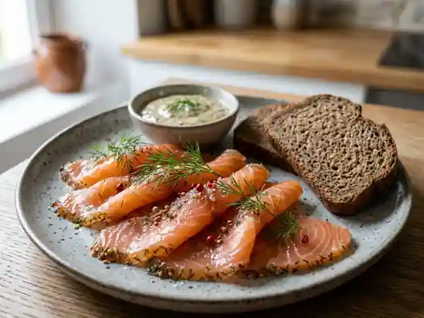 Saumon gravlax fondant à l'aneth et moutarde - Photo de présentation