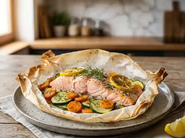 Saumon en papillote aux légumes frais et herbes aromatiques - Photo de présentation